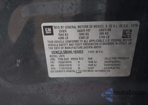 2017 Chevrolet Trax Lt z USA, uszkodzony, nr VIN 3GNCJLSB0HL169063